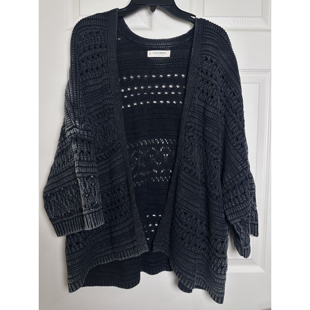 Lucky Brand Size L Crochet Cardigan Dark Acid Wash Bauble Open